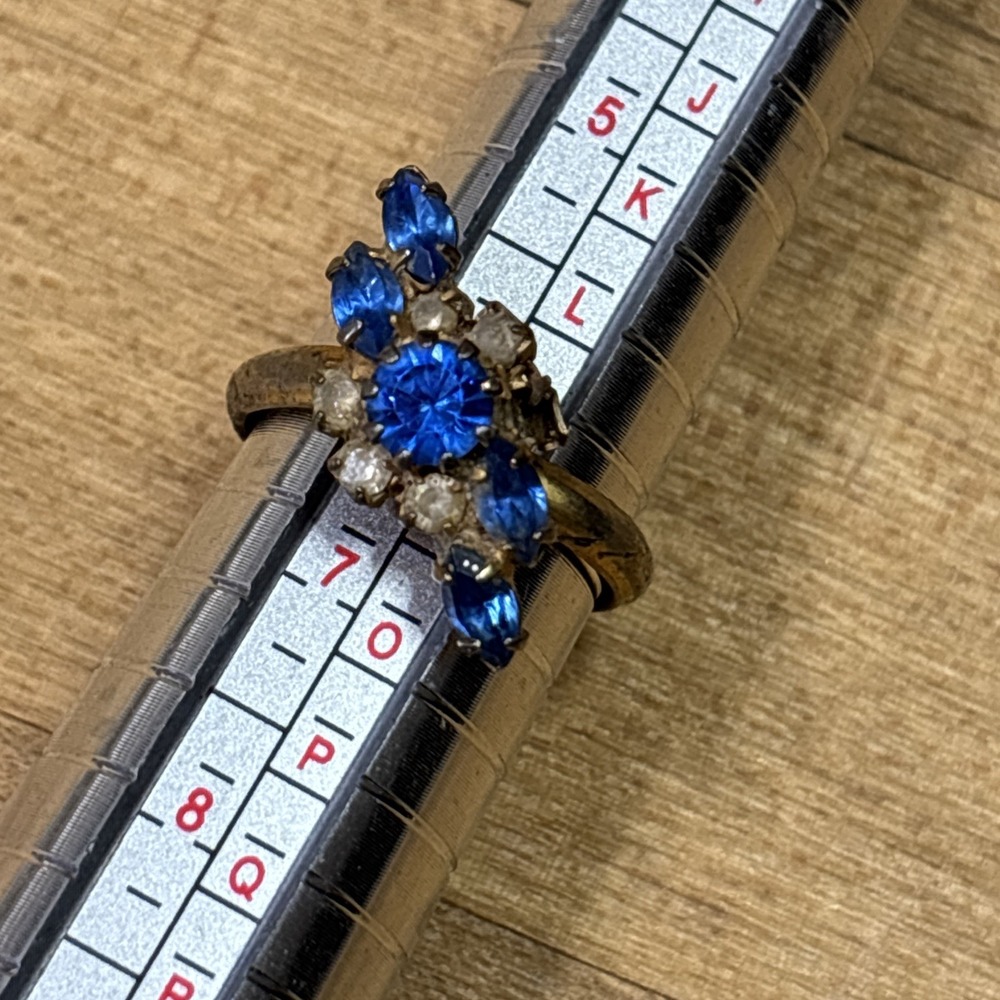 Vintage Blue Rhinestone Cocktail Ring Adjustable Bypass Floral Cluster
